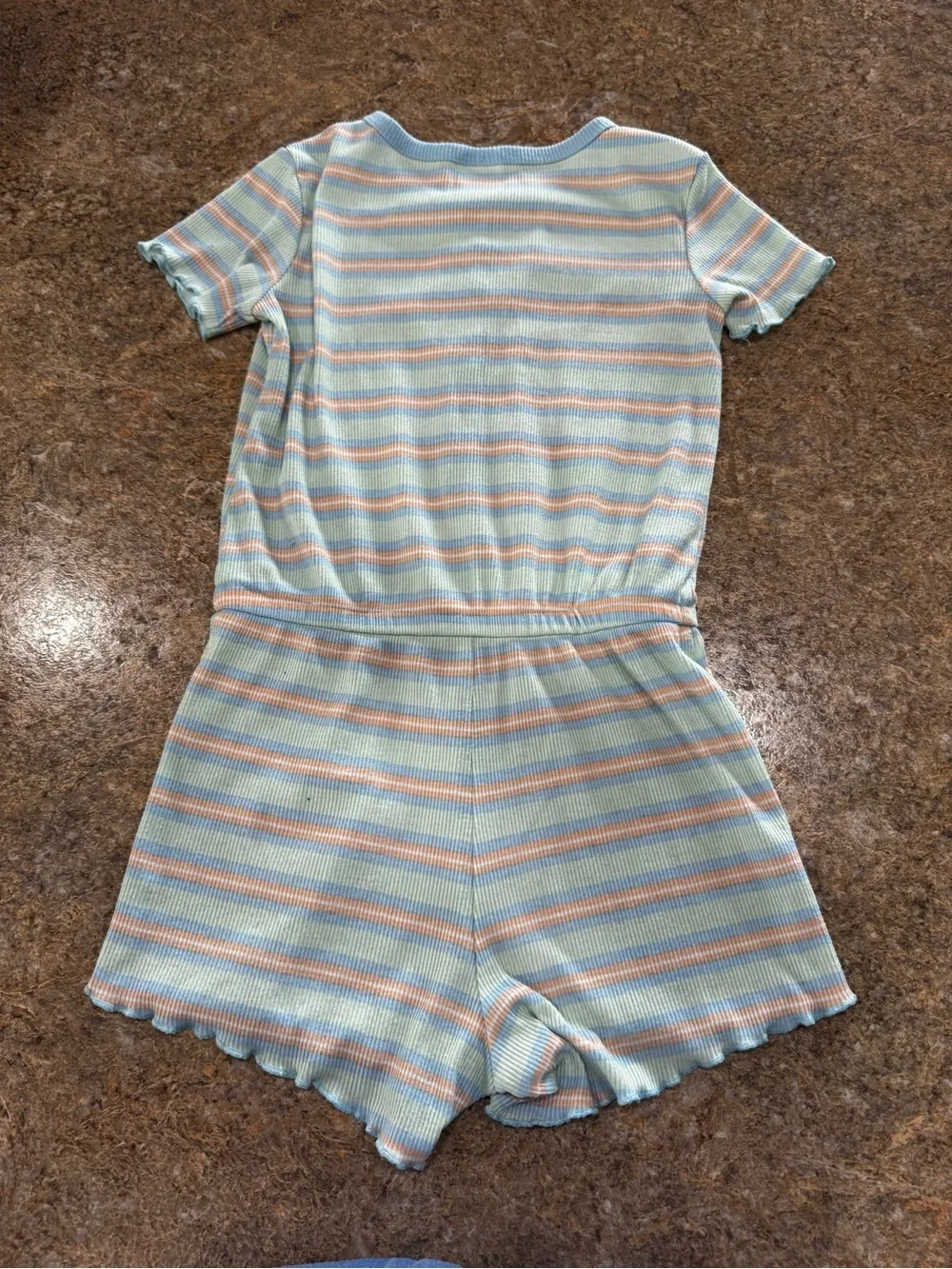 Art Class Girls Romper Pajamas Size M 7/8 Blue Striped Ribbed Sleepwear